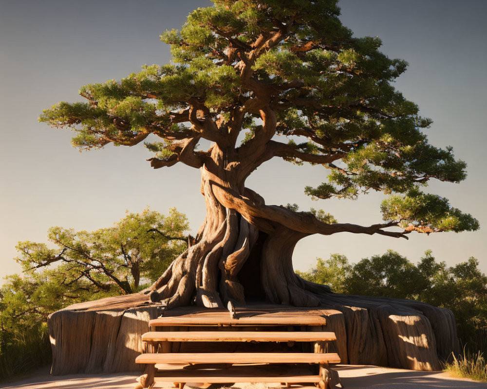 Majestic twisted bonsai tree with wooden bench in warm sunset backdrop