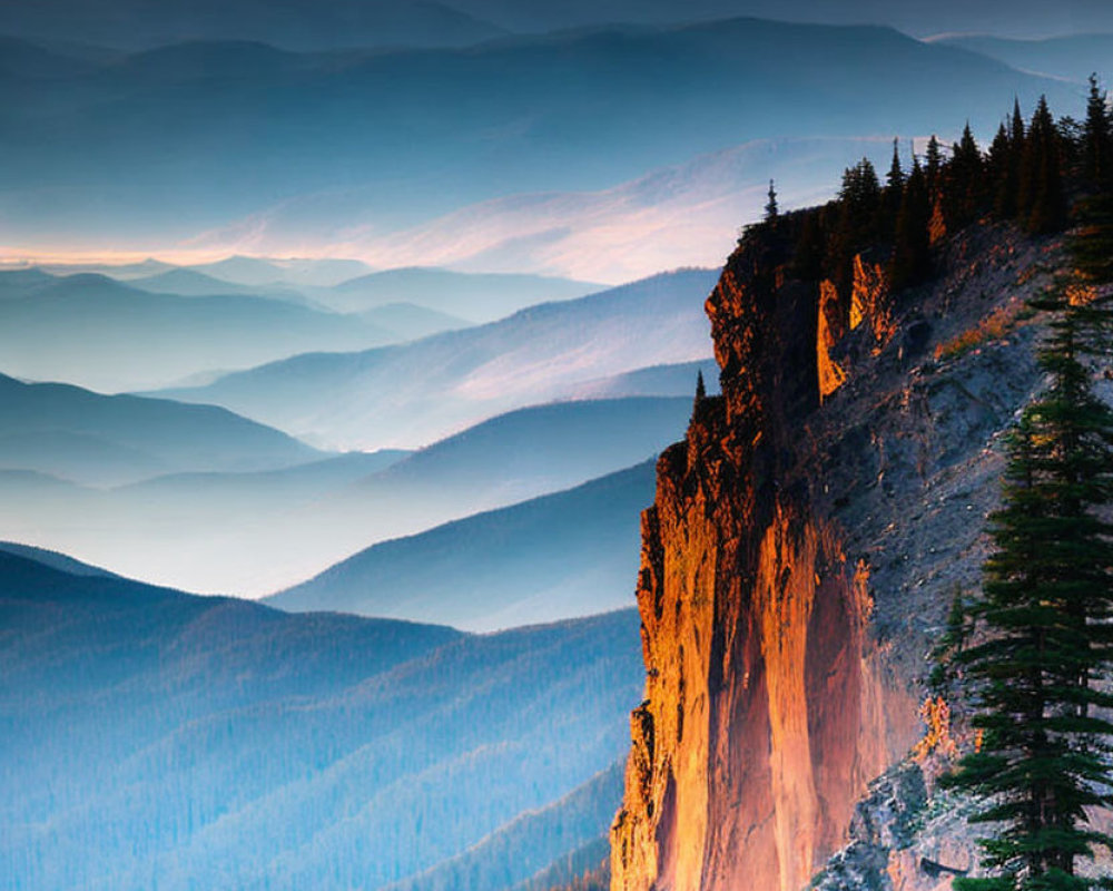 Mountain Cliff Sunrise Landscape with Misty Hills & Colorful Sky