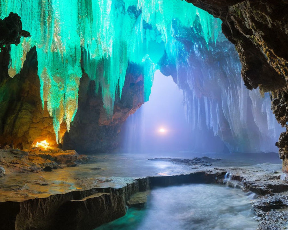 Limestone cave with turquoise stalactites and reflective water pool