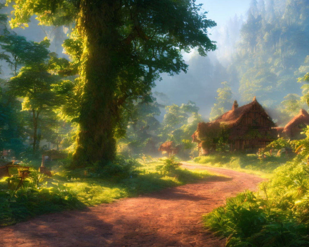 Tranquil Forest Morning with Sunlit Cottage