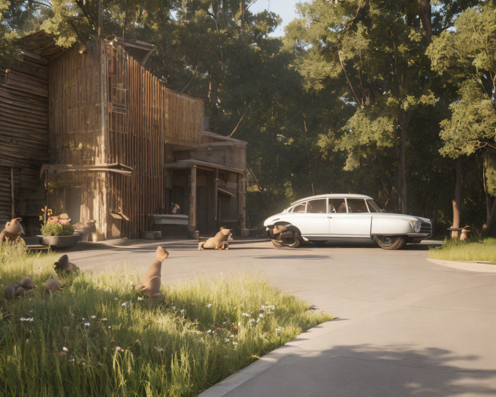 Vintage car parked near rustic wooden house in serene nature scene