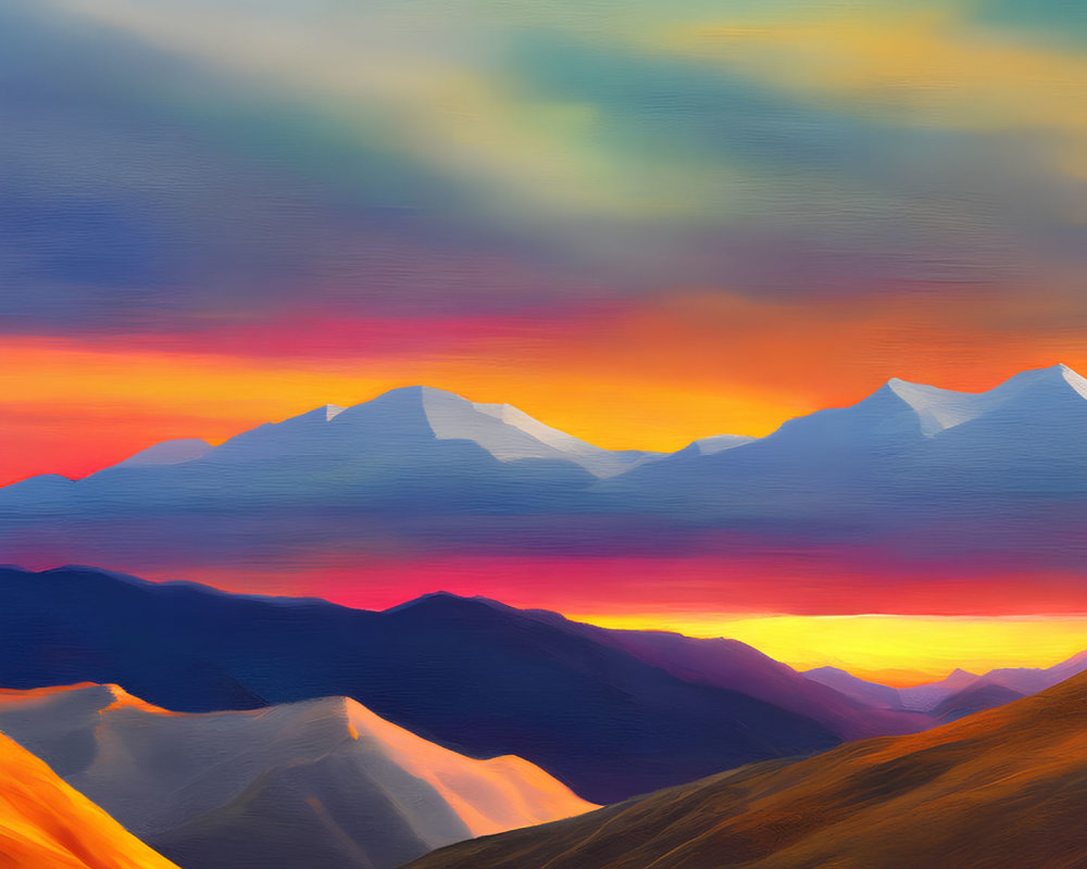 Mountainous Landscape Painting: Vibrant Sunset Colors