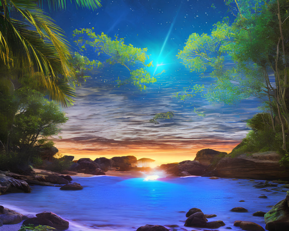 Tranquil tropical beach at twilight with moon, stars, palm trees, and glowing water