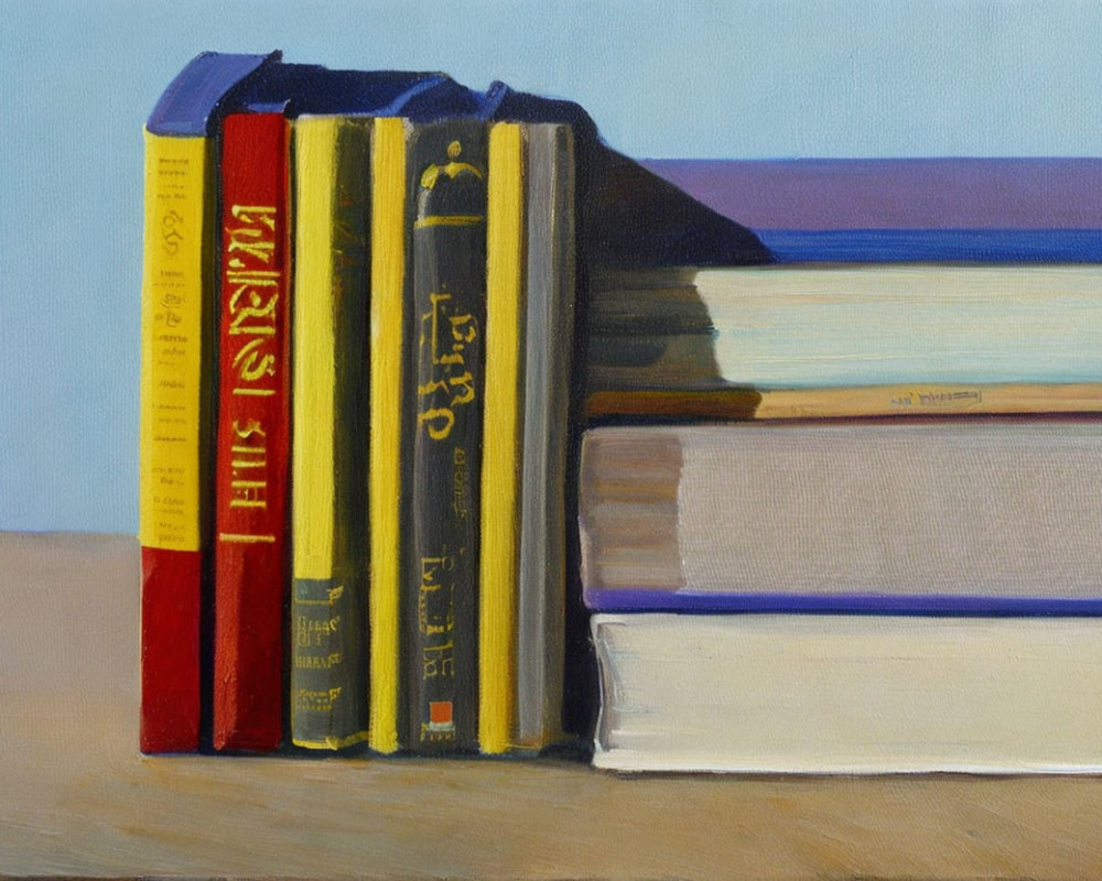 Realistic Oil Painting of Colorful Hardcover Books on Light Surface