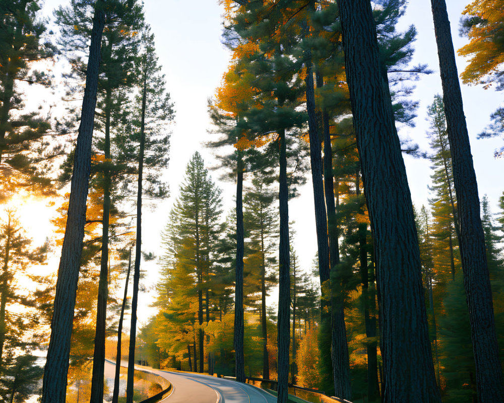 Scenic winding road through lush forest with tall trees