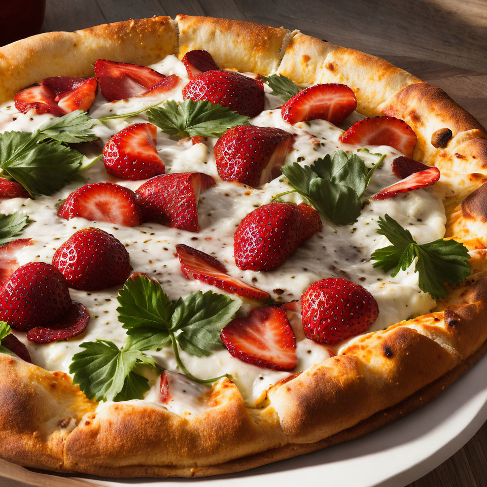 Golden Crust Pizza with Melted Cheese, Strawberries, and Green Herbs on Wooden Table