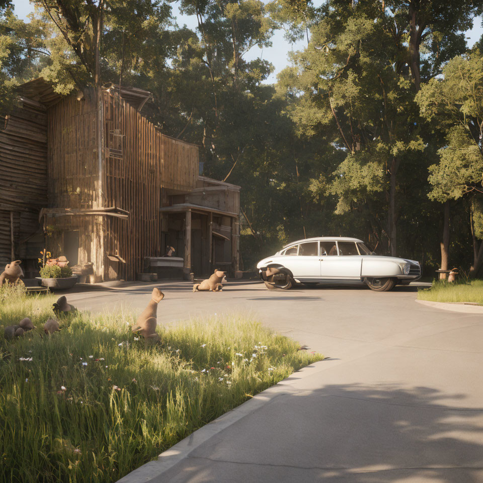 Vintage car parked near rustic wooden house in serene nature scene