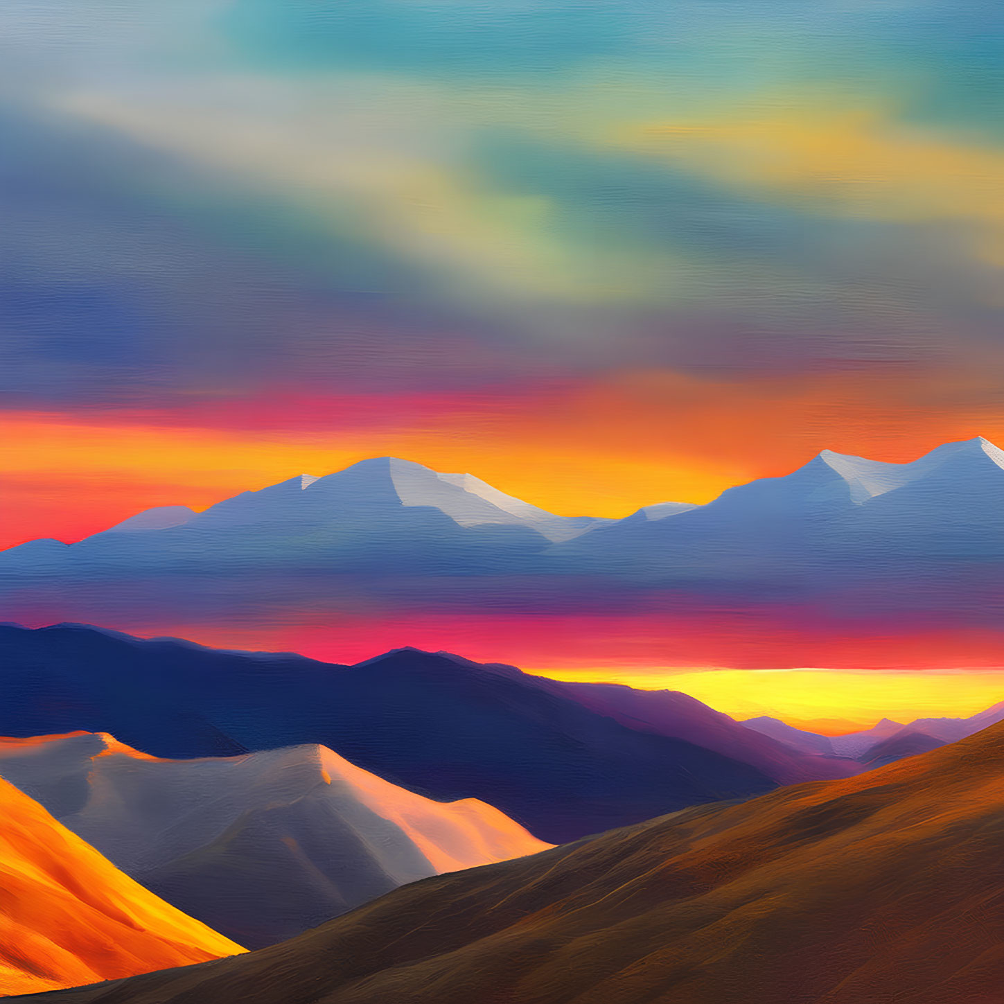 Mountainous Landscape Painting: Vibrant Sunset Colors