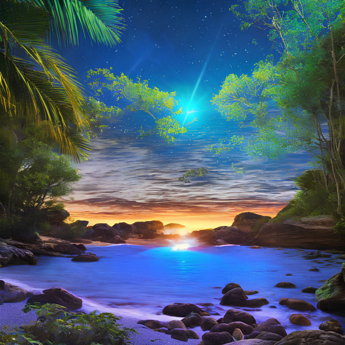 Tranquil tropical beach at twilight with moon, stars, palm trees, and glowing water