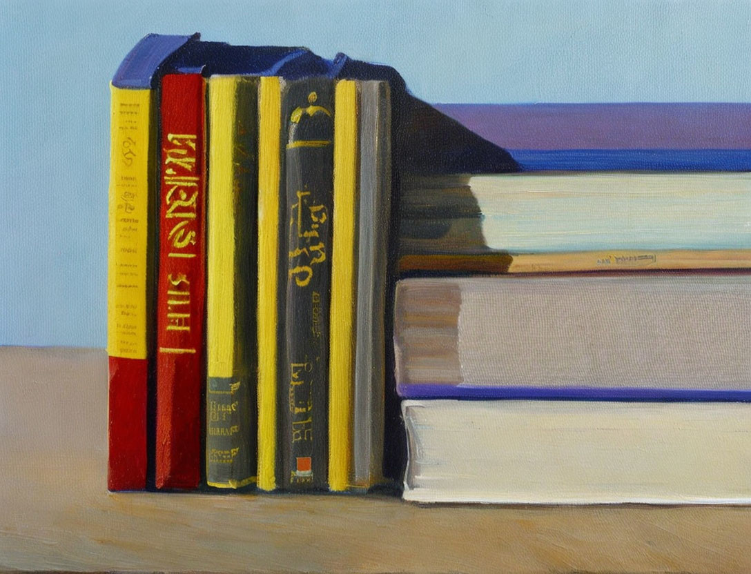 Realistic Oil Painting of Colorful Hardcover Books on Light Surface