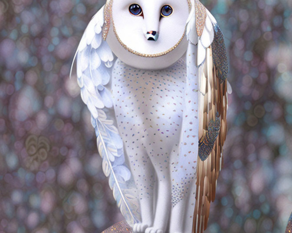 Stylized owl with human-like face on branch in bokeh setting