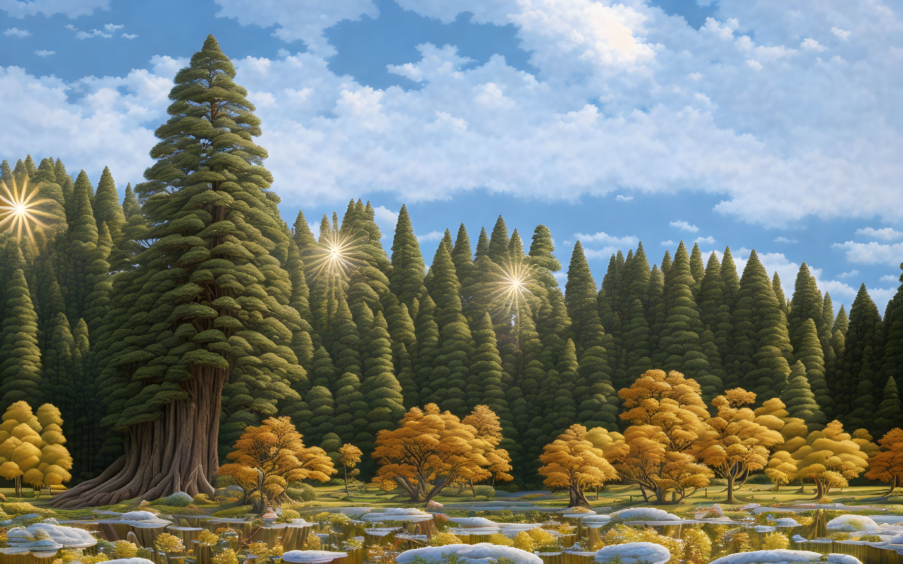 Tranquil landscape with tall pine trees under blue sky