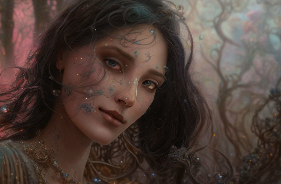 Fantasy-inspired woman portrait with blue accents and ornate details