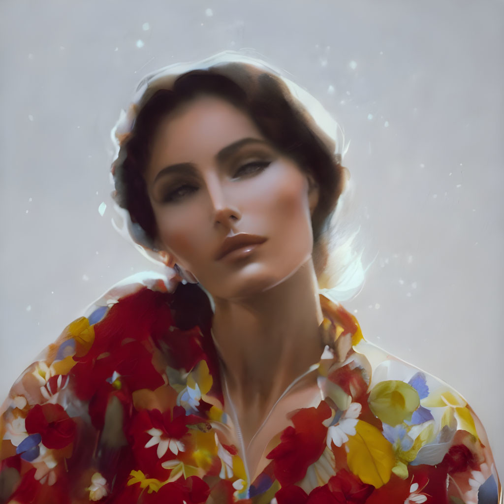 Ethereal woman in floral blouse with serene expression