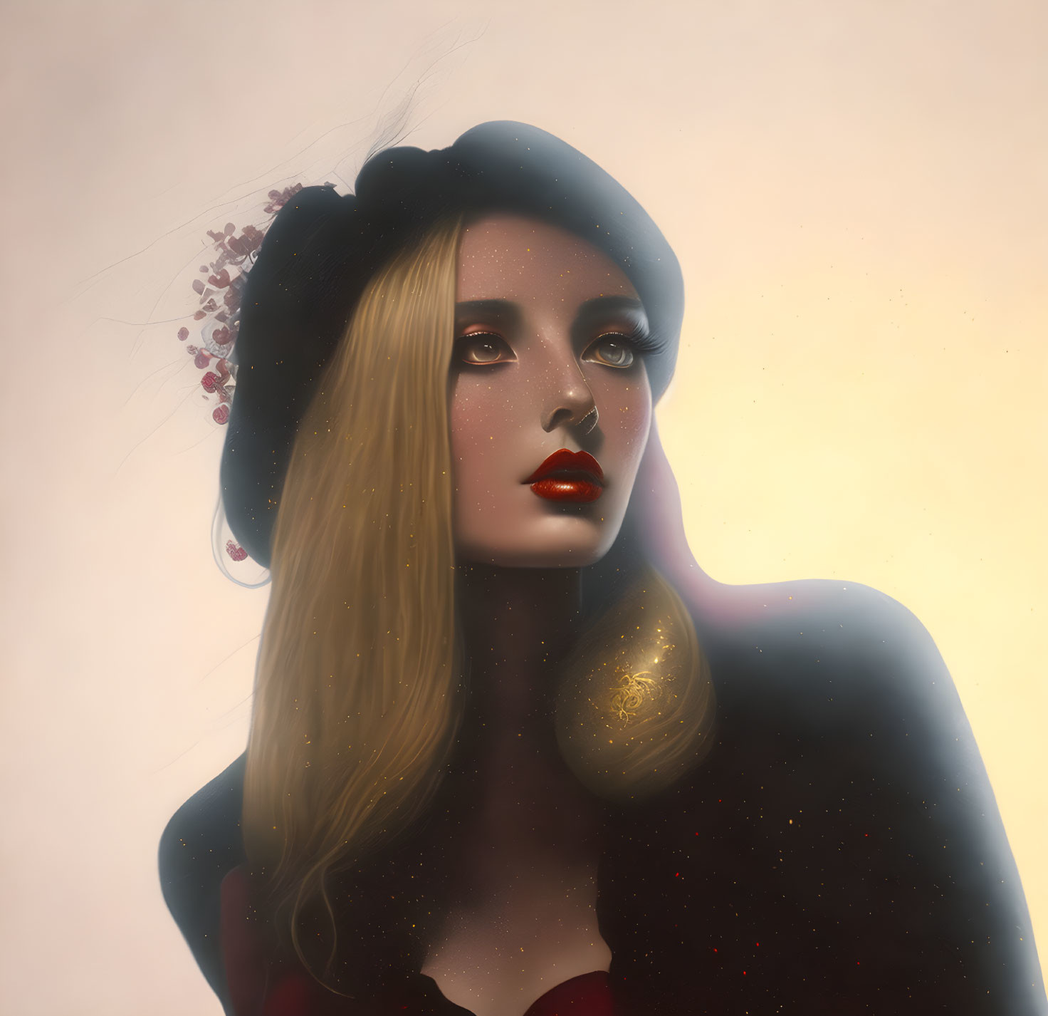 Digital portrait of woman in black beret with red flowers and golden accessories in warm glow