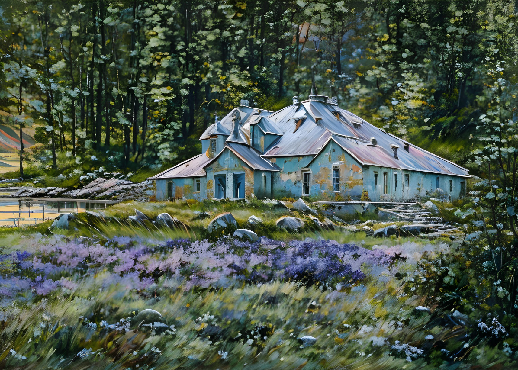 Rustic blue house in forest clearing with purple wildflowers