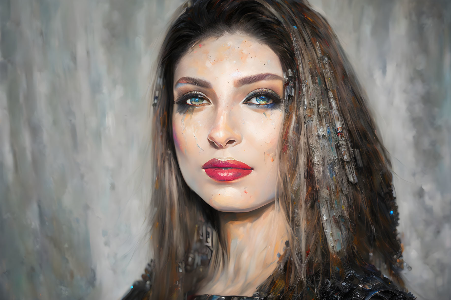 Detailed digital portrait of woman with blue eyes and red lipstick