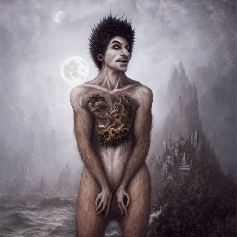 Surreal humanoid figure with spiky hair and tree in chest in moonlit landscape