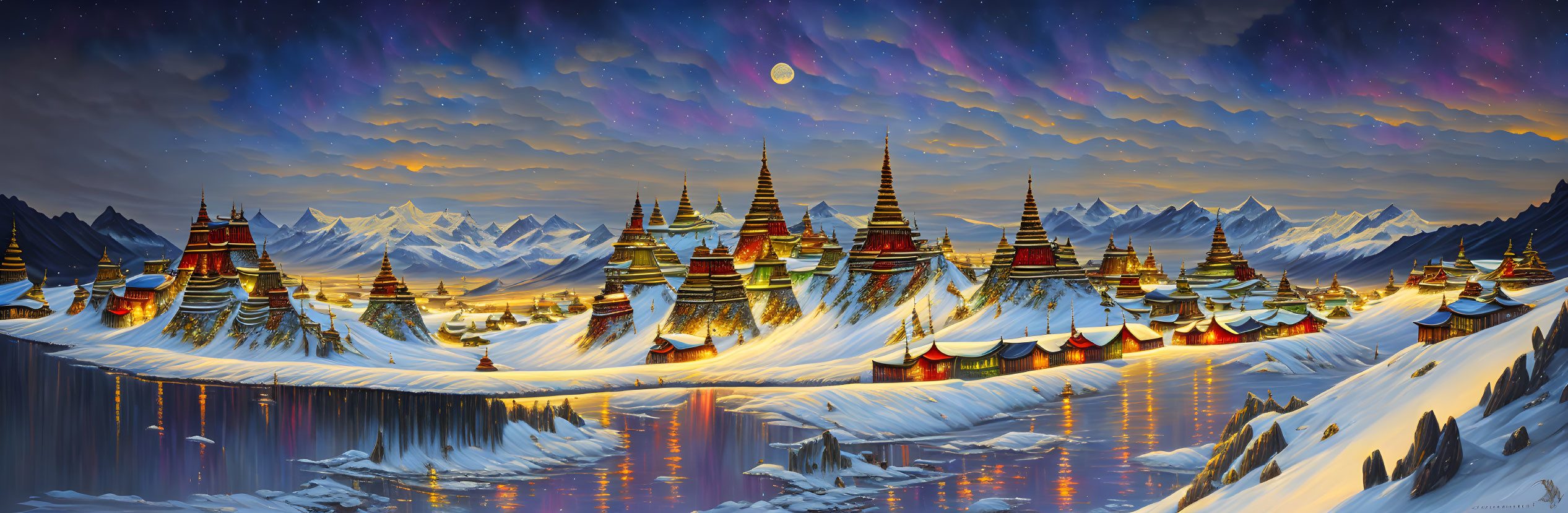 Ornate village, illuminated temples, snowy mountains: fantasy landscape at twilight