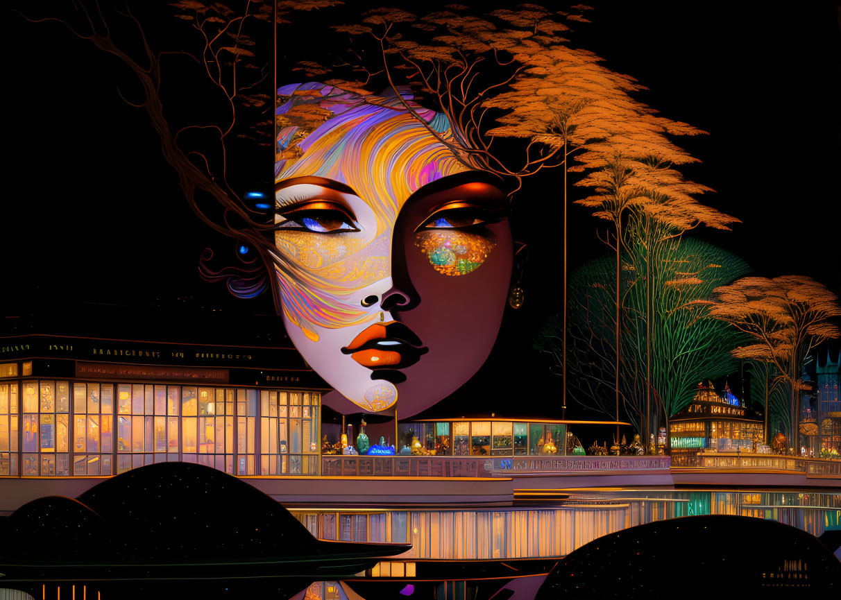 Digital art: Woman's face blends with vibrant night scene