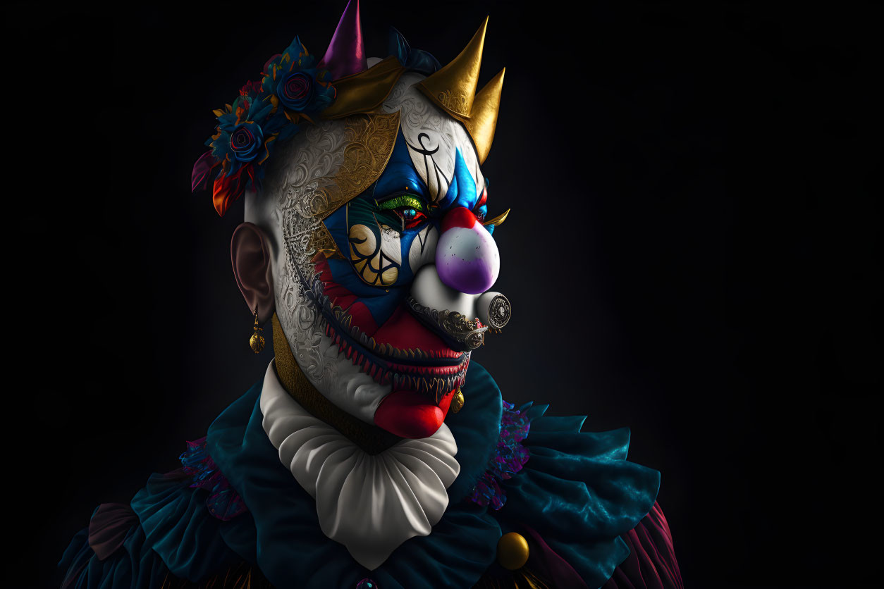 Detailed Clown Portrait with Ornate Face Paint and Regal Costume