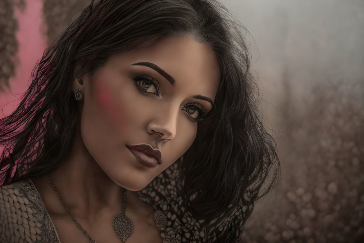 Detailed digital portrait of woman with eyeliner and lipstick, gazing sideways