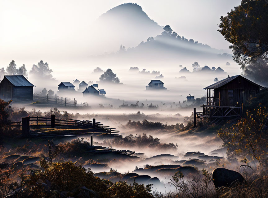 Misty rural landscape at dawn with trees, mountain, and wooden houses.