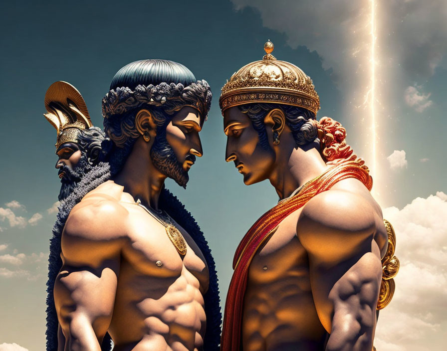 Muscular male figures in ancient warrior attire under dramatic sky