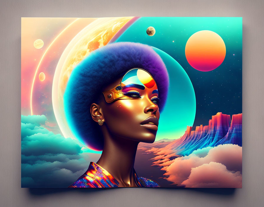 Colorful artwork: Woman with futuristic visor and afro in surreal landscape