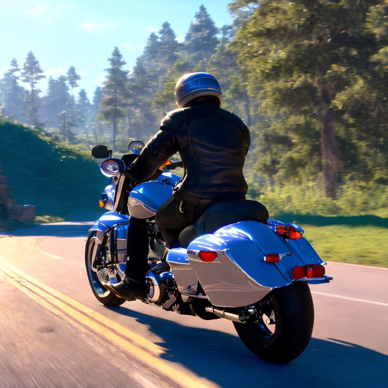 Blue motorcycle rider on sunlit road with trees, black helmet and leather jacket.