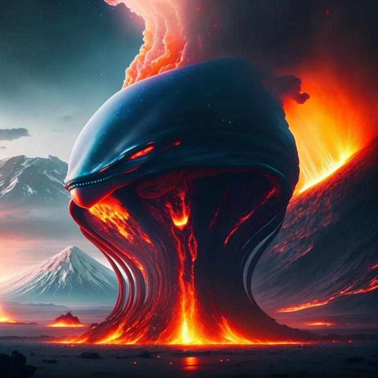 Lava whale creature over volcanic landscape with erupting mountains