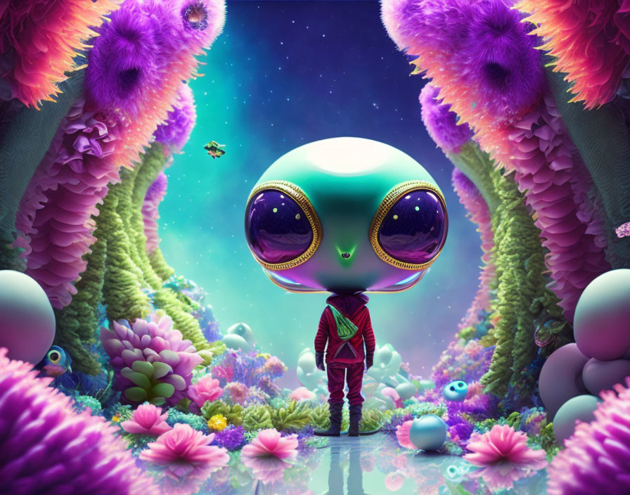 Colorful Forest Scene: Large-eyed alien in red jacket among curious creatures under starry sky