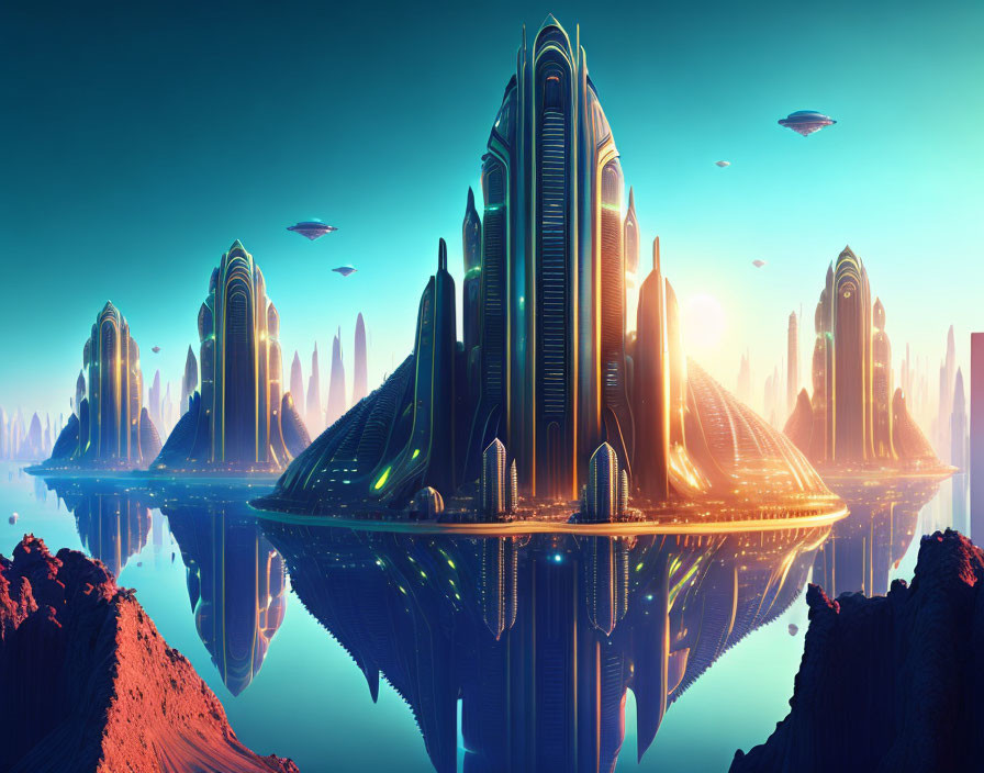 Futuristic cityscape with sleek buildings and flying vehicles at sunset