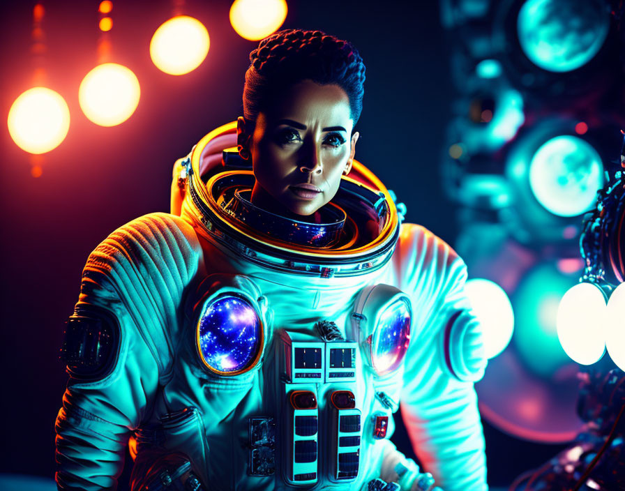 Astronaut in White Space Suit Surrounded by Glowing Lights