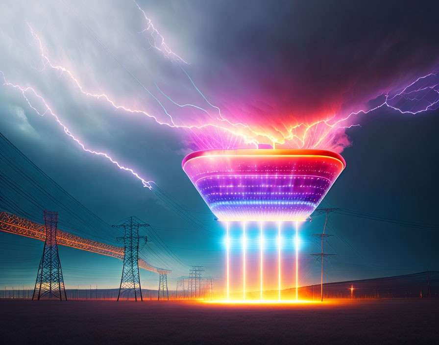 Colorful UFO emitting light beams in stormy sky over industrial landscape