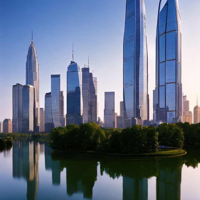 Tranquil waterfront park with modern skyscrapers and lush greenery