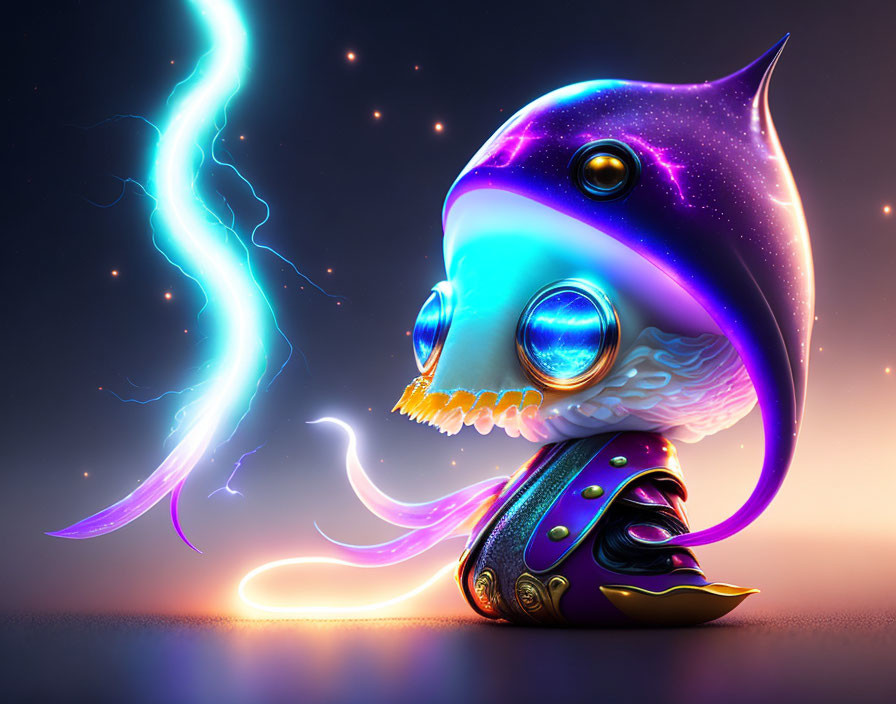 Whimsical creature with fish-like head in colorful digital artwork