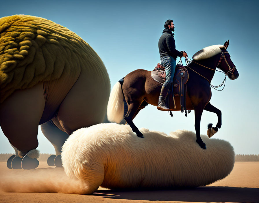 Man on horse follows giant woolly creature in desert landscape