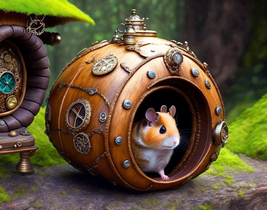 Whimsical steampunk-style hamster house in lush green setting