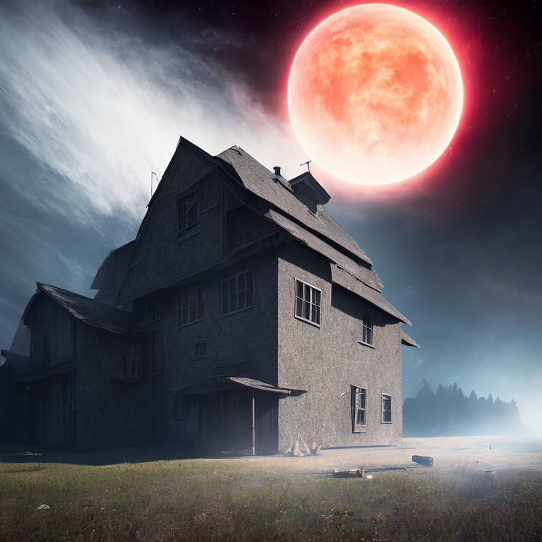 Spooky old house under red moon in misty landscape