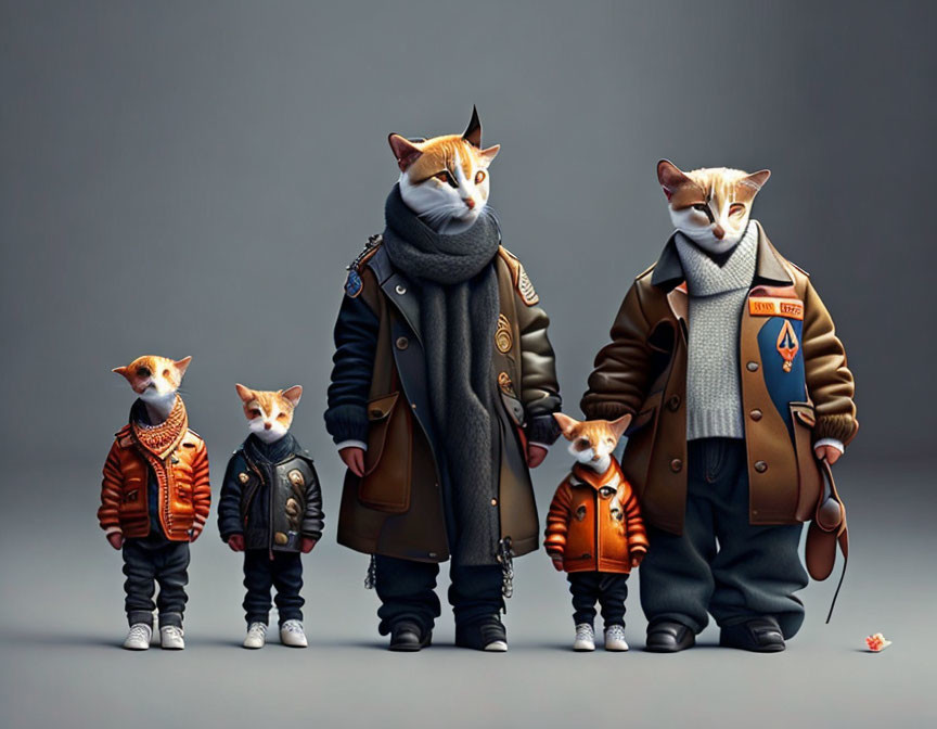 Anthropomorphic foxes in stylish attire on gray background