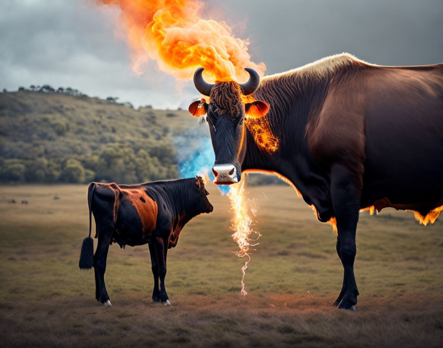 Bull and cow in fiery confrontation on grassy field