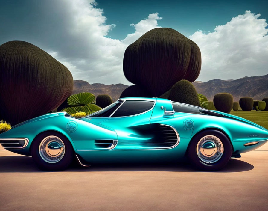 Vintage Turquoise Sportscar Parked in Garden with Mountains