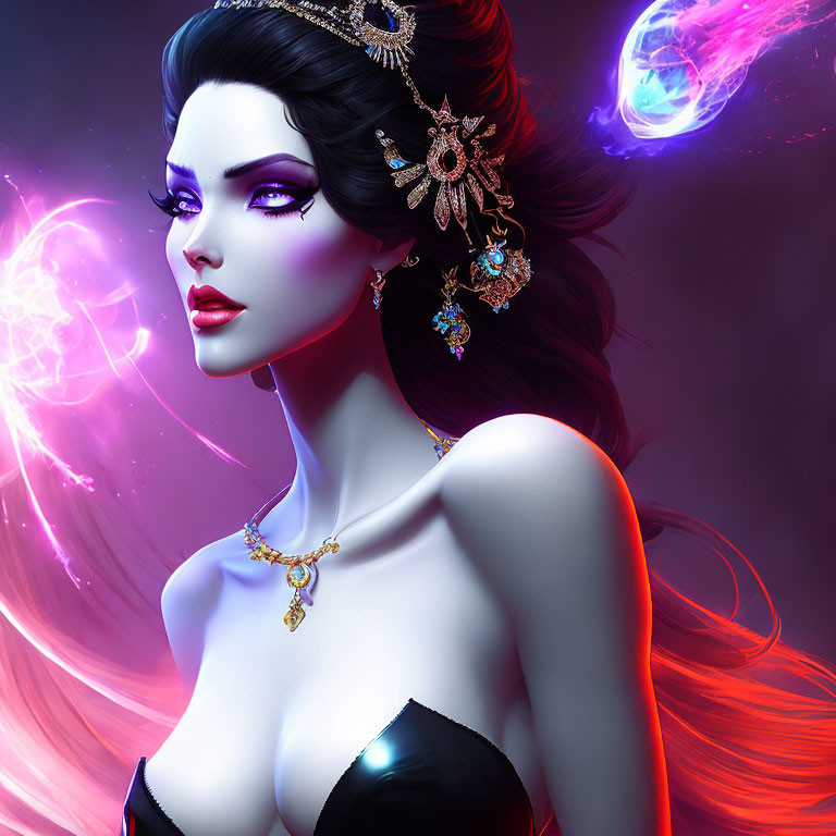 Stylized digital portrait of a woman with pale skin and dark hair