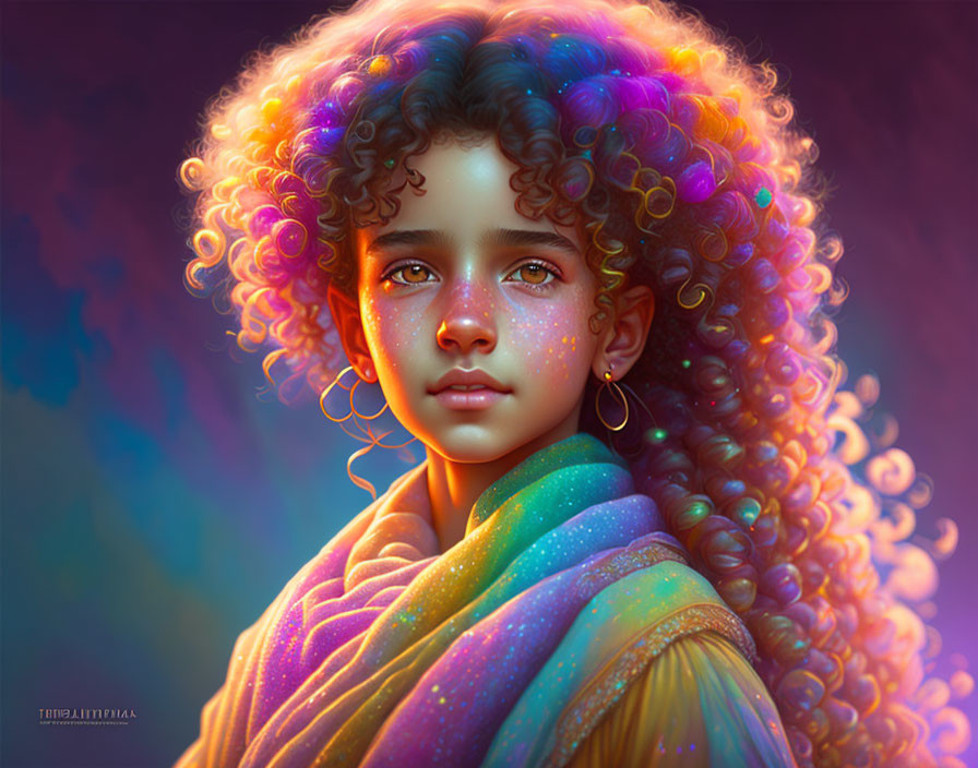 Digital illustration of young girl with vibrant curly hair and colorful shawl