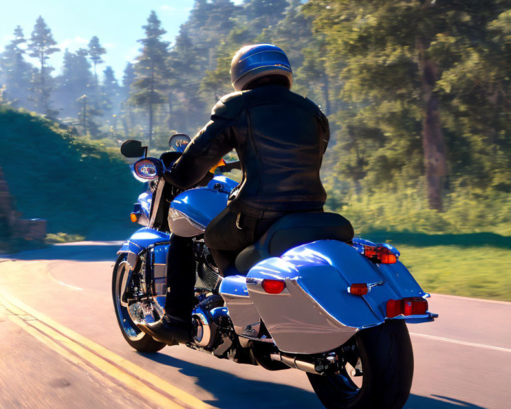 Blue motorcycle rider on sunlit road with trees, black helmet and leather jacket.