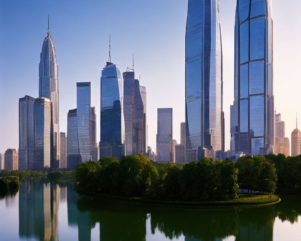 Tranquil waterfront park with modern skyscrapers and lush greenery