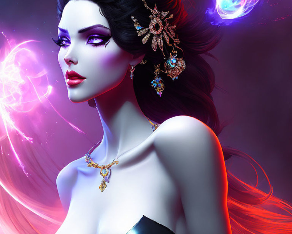 Stylized digital portrait of a woman with pale skin and dark hair