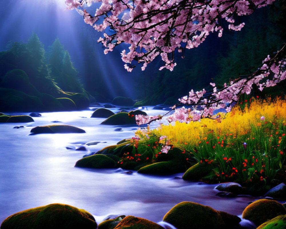 Cherry Blossoms Over Serene River with Wildflowers