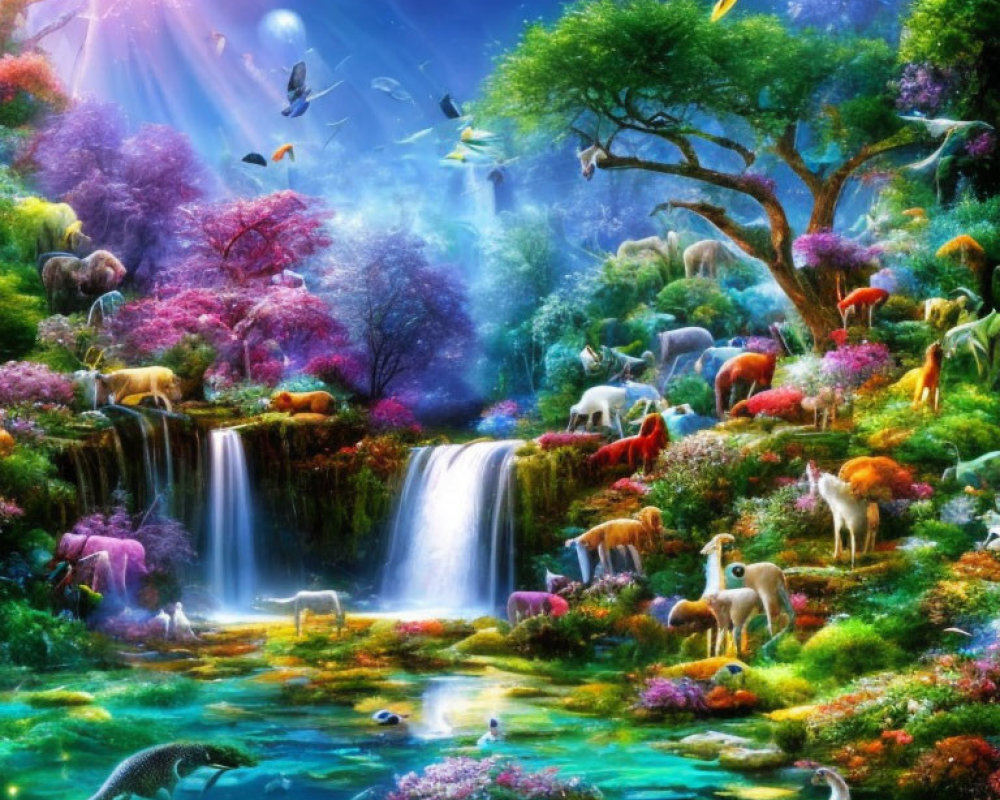 Luminous jungle scene with waterfall and diverse wildlife